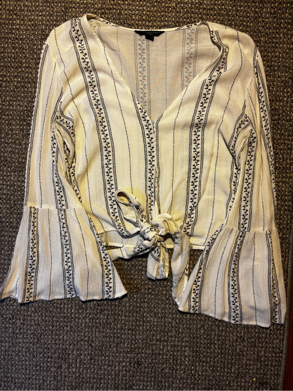 American Eagle Outfitters Cream and Black Striped Tie-Front Bell Sleeve Top